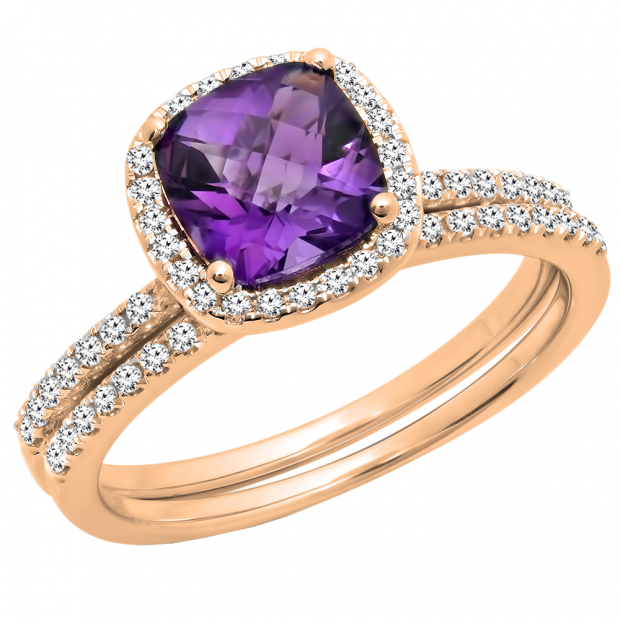 1.75 Carat (ctw) 18K Rose Gold Cushion Cut Amethyst & Round Cut White Diamond Ladies Bridal Halo Engagement Ring With Matching Band Set 1 3/4 CT