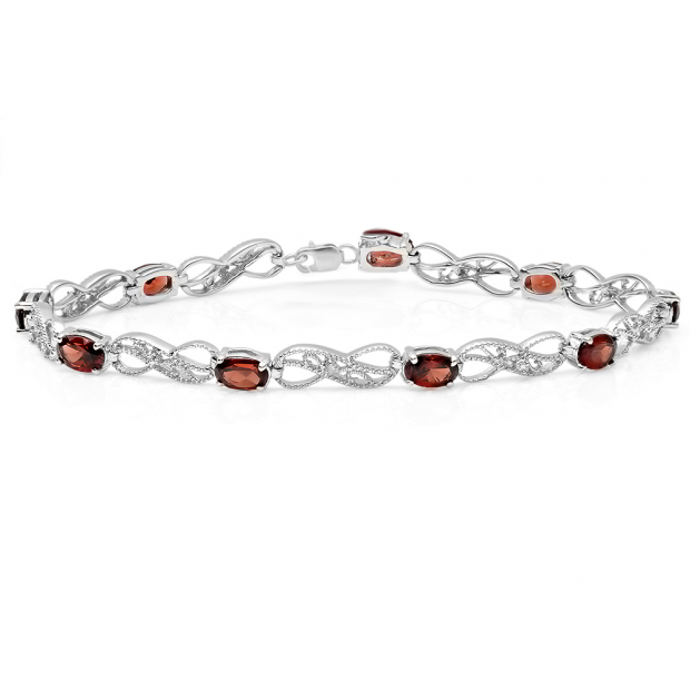 4.85 Carat (ctw) Sterling Silver Real Oval Cut Garnet & Round Cut White Diamond Ladies Infinity Link Tennis Bracelet