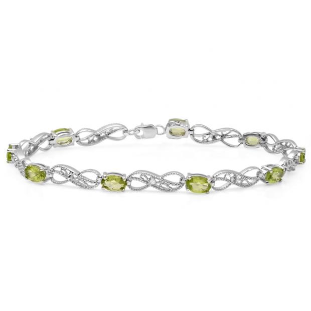 4.11 Carat (ctw) Sterling Silver Real Oval Cut Peridot & Round Cut White Diamond Ladies Infinity Link Tennis Bracelet