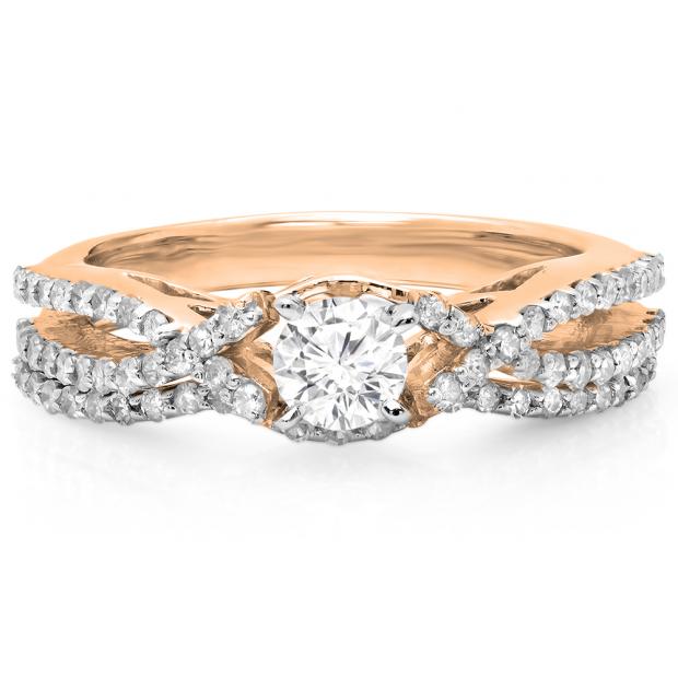 1.00 Carat (ctw) 14K Rose Gold Round Cut Diamond Ladies Bridal Swirl Split Shank Engagement Ring With Matching Band Set 1 CT