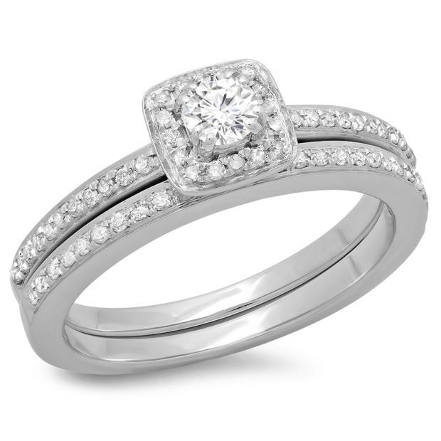0.50 Carat (ctw) 10K White Gold Round Cut Diamond Ladies Bridal Halo Engagement Ring With Matching Band Set 1/2 CT