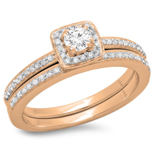 0.50 Carat (ctw) 14K Rose Gold Round Cut Diamond Ladies Bridal Halo Engagement Ring With Matching Band Set 1/2 CT
