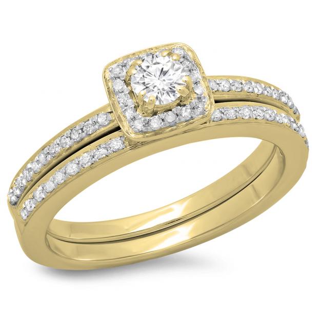 0.50 Carat (ctw) 18K Yellow Gold Round Cut Diamond Ladies Bridal Halo Engagement Ring With Matching Band Set 1/2 CT