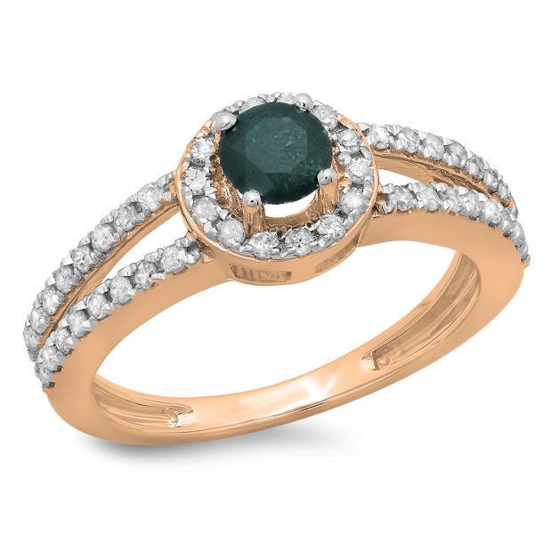 0.90 Carat (ctw) 10K Rose Gold Round Cut Blue & White Diamond Ladies Bridal Split Shank Halo Style Engagement Ring