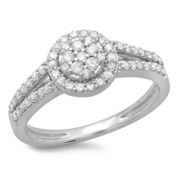 0.55 Carat (ctw) 10K White Gold Round Cut Diamond Ladies Split Shank Bridal Cluster Engagement Ring 1/2 CT