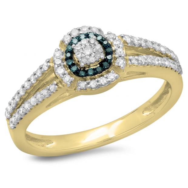 0.40 Carat (ctw) 10K Yellow Gold Round Cut Blue & White Diamond Ladies Bridal Split Shank Halo Engagement Ring