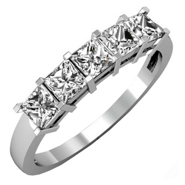 1.00 Carat (ctw) 10k White Gold Princess Cut White Diamond Ladies 5 Stone Bridal Wedding Band Anniversary Ring 1 CT