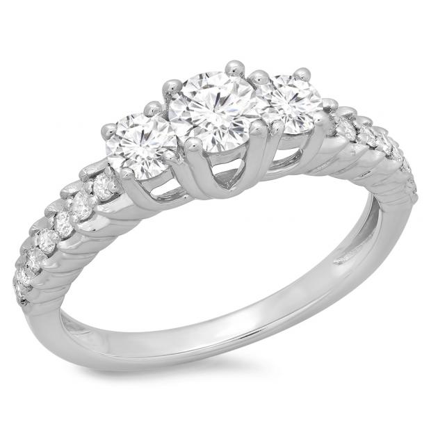 1.00 Carat (ctw) 14K White Gold Round Cut Diamond Ladies Bridal 3 Stone Engagement Ring 1 CT