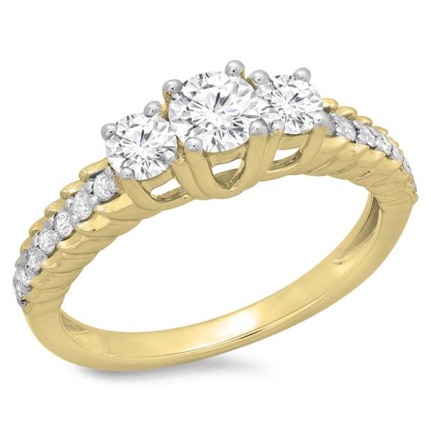 1.00 Carat (ctw) 14K Yellow Gold Round Cut Diamond Ladies Bridal 3 Stone Engagement Ring 1 CT