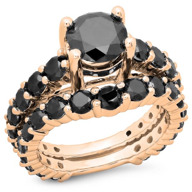 5.25 Carat (ctw) 10K Rose Gold Round Cut Black Diamond Ladies Bridal Engagement Ring With Matching Band Set