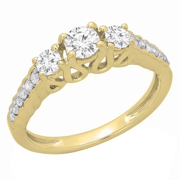 0.75 Carat (ctw) 10K Yellow Gold Round Cut Diamond Ladies Bridal 3 Stone Engagement Ring 3/4 CT