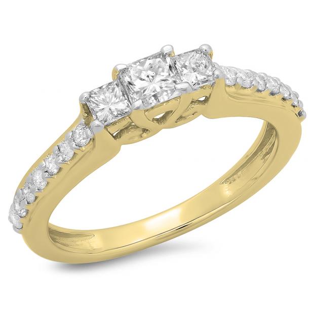 0.85 Carat (ctw) 10K Yellow Gold Princess & Round Cut Diamond Ladies Bridal 3 Stone Engagement Ring