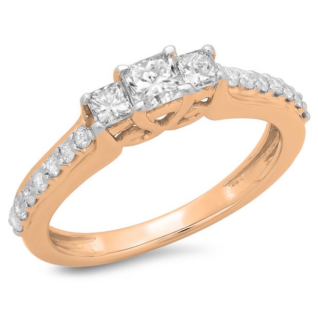 0.85 Carat (ctw) 18K Rose Gold Princess & Round Cut Diamond Ladies Bridal 3 Stone Engagement Ring