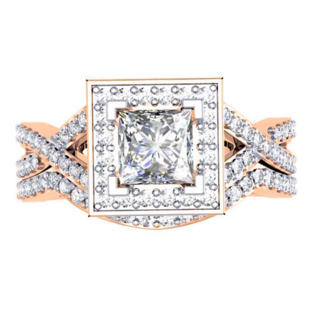 1.40 Carat (ctw) 14K Rose Gold Princess & Round Cut Diamond Ladies Twisted Split Shank Bridal Halo Engagement Ring With Matching Band Set