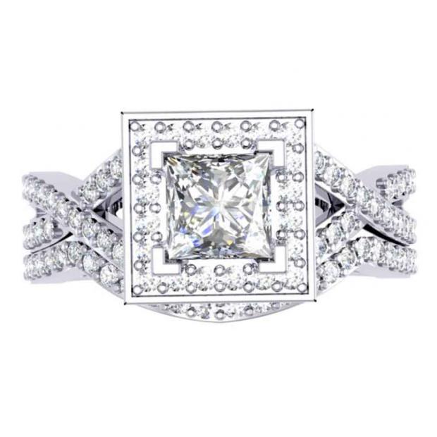 1.40 Carat (ctw) 14K White Gold Princess & Round Cut Diamond Ladies Twisted Split Shank Bridal Halo Engagement Ring With Matching Band Set
