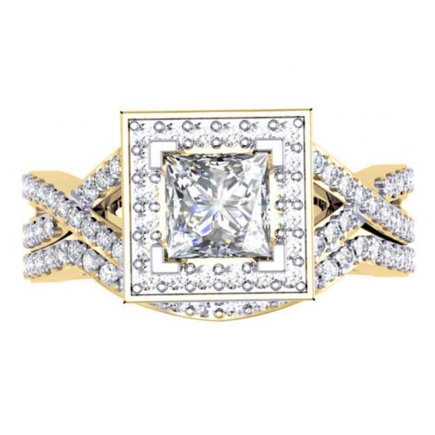 1.40 Carat (ctw) 14K Yellow Gold Princess & Round Cut Diamond Ladies Twisted Split Shank Bridal Halo Engagement Ring With Matching Band Set