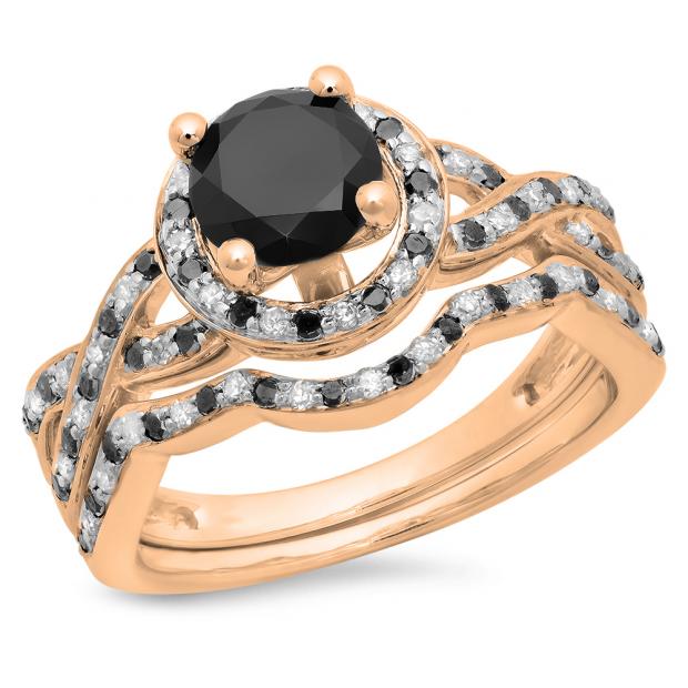 1.60 Carat (ctw) 10K Rose Gold Round Black & White Diamond Ladies Halo Style Bridal Engagement Ring Matching Band Set