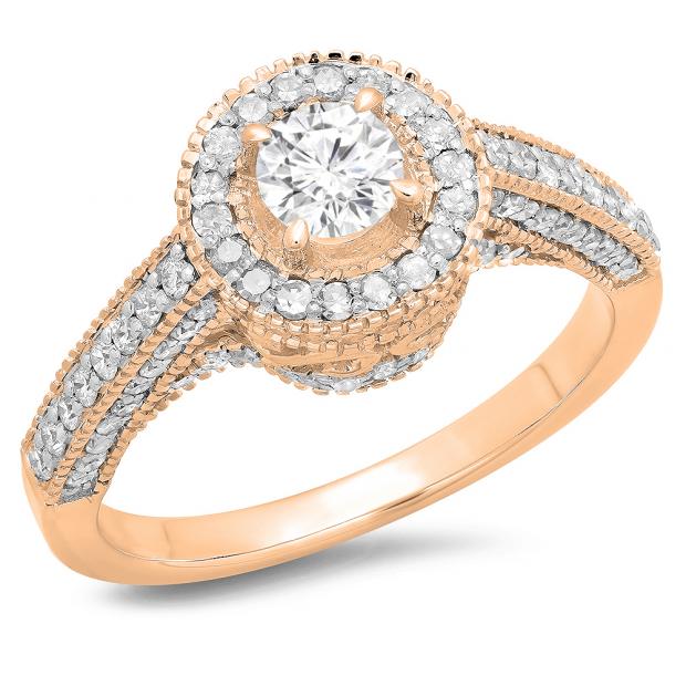 1.00 Carat (ctw) 14K Rose Gold Round Diamond Ladies Bridal Vintage Halo Style Engagement Ring 1 CT