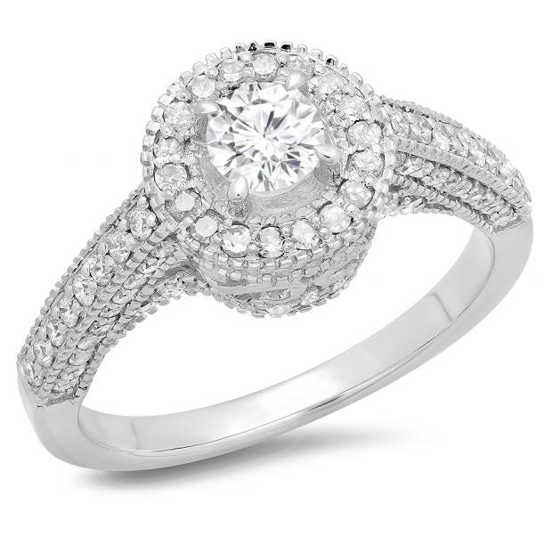 1.00 Carat (ctw) 14K White Gold Round Diamond Ladies Bridal Vintage Halo Style Engagement Ring 1 CT