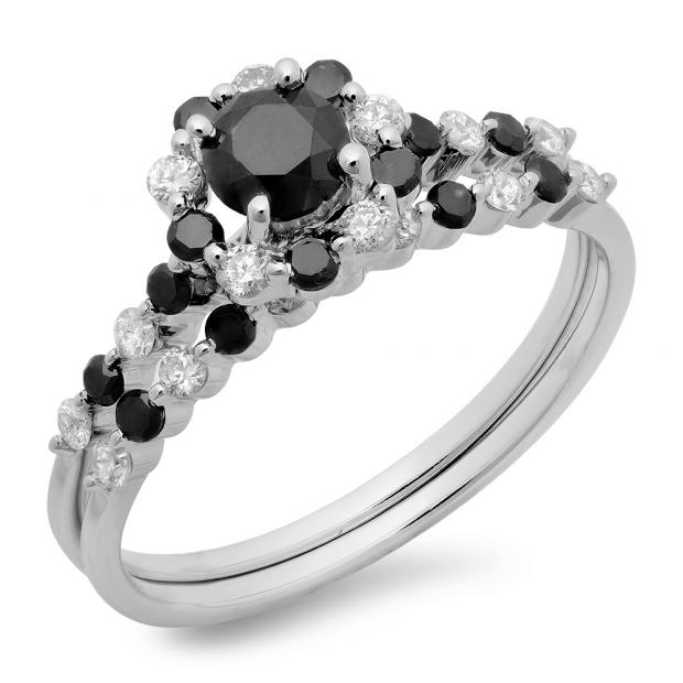 1.10 Carat (ctw) 10K White Gold Round Black & White Diamond Ladies Bridal Halo Engagement Ring With Matching Band Set 1 CT