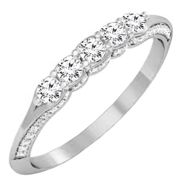 0.50 Carat (ctw) 10K White Gold Round White Diamond Ladies 5 Stone Anniversary Wedding Band Stackable Ring 1/2 CT