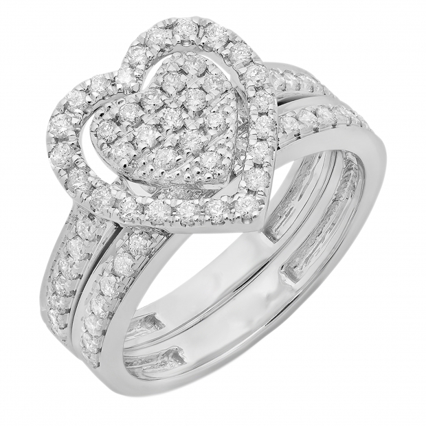 0.50 Carat (ctw) Sterling Silver Round Cut Diamond Ladies Heart Shaped Bridal Engagement Ring With Matching Band Set 1/2 CT