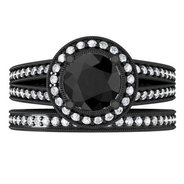 1.50 Carat (ctw) Black Rhodium Plated 10K White Gold Round White & Black Diamond Ladies Split Shank Halo Style Bridal Engagement Ring Set With Matching Band 1 1/2 CT