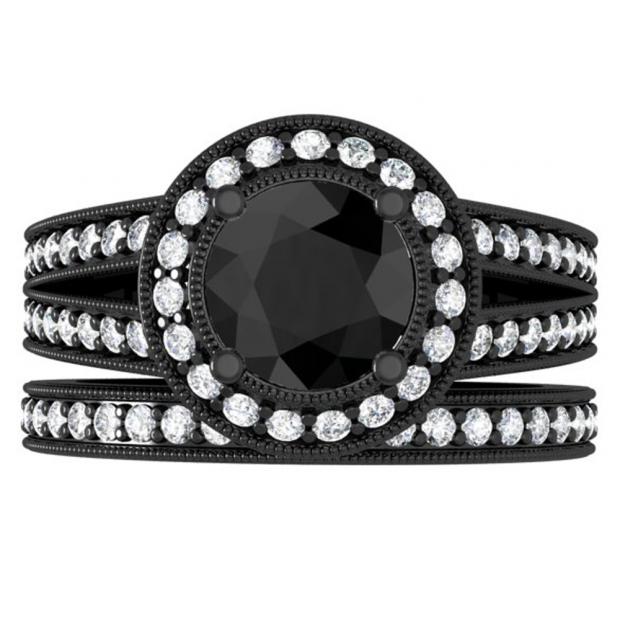 2.25 Carat (ctw) Black Rhodium Plated 14K White Gold Round White & Black Diamond Ladies Split Shank Halo Style Bridal Engagement Ring Set With Matching Band