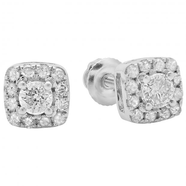 0.50 Carat (ctw) 14K White Gold Round Cut Diamond Ladies Square Frame Halo Stud Earrings 1/2 CT