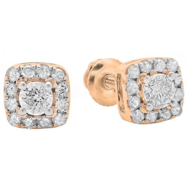 0.50 Carat (ctw) 18K Rose Gold Round Cut Diamond Ladies Square Frame Halo Stud Earrings 1/2 CT