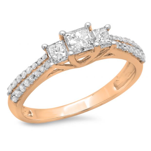 0.90 Carat (ctw) 18K Rose Gold Princess & Round Cut Diamond Ladies Bridal 3 Stone Engagement Ring