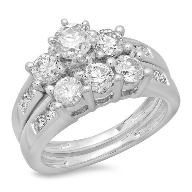 2.25 Carat (ctw) 10K White Gold Round Cut Diamond Ladies Bridal 3 Stone Engagement Ring With Matching Band Set 2 1/4 CT