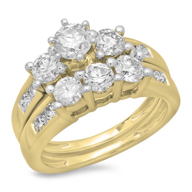 2.25 Carat (ctw) 14K Yellow Gold Round Cut Diamond Ladies Bridal 3 Stone Engagement Ring With Matching Band Set 2 1/4 CT