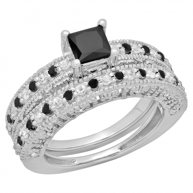 1.80 Carat (ctw) Sterling Silver Princess & Round Cut Black & White Diamond Ladies Bridal Vintage Style Engagement Ring With Matching Band Set