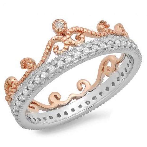 0.25 Carat (ctw) 14K Two Tone Gold Round Cut Diamond Ladies Bridal Crown Wedding Band Anniversary Eternity Ring 1/3 CT
