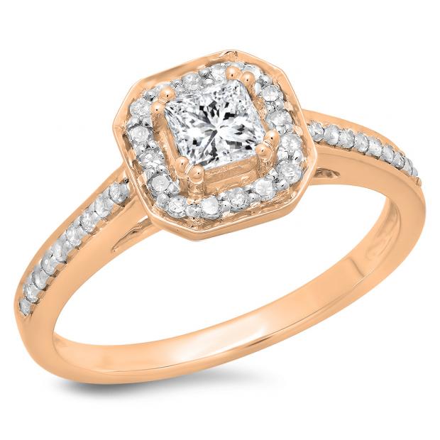 0.80 Carat (ctw) 10K Rose Gold Princess & Round Cut Diamond Ladies Bridal Halo Engagement Ring