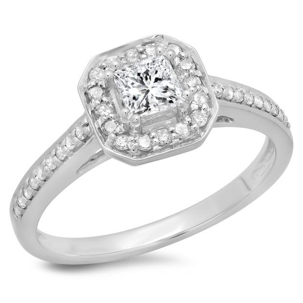 0.80 Carat (ctw) 10K White Gold Princess & Round Cut Diamond Ladies Bridal Halo Engagement Ring