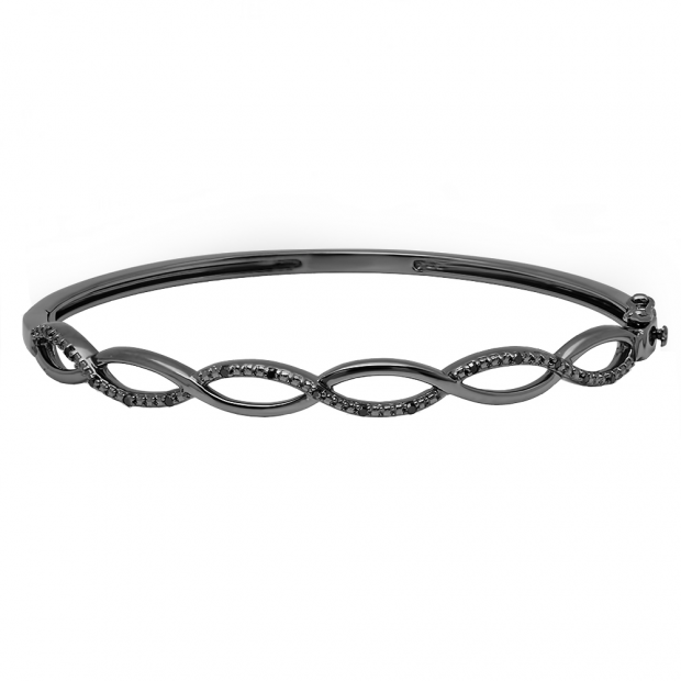 0.10 Carat (ctw) Black Rhodium Plated Sterling Silver Round Cut Black Diamond Ladies Swirl Bangle Bracelet 1/10 CT
