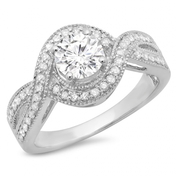 1.15 Carat (ctw) 10K White Gold Round Cut Diamond Ladies Twisted Swirl Split Shank Bridal Halo Engagement Ring