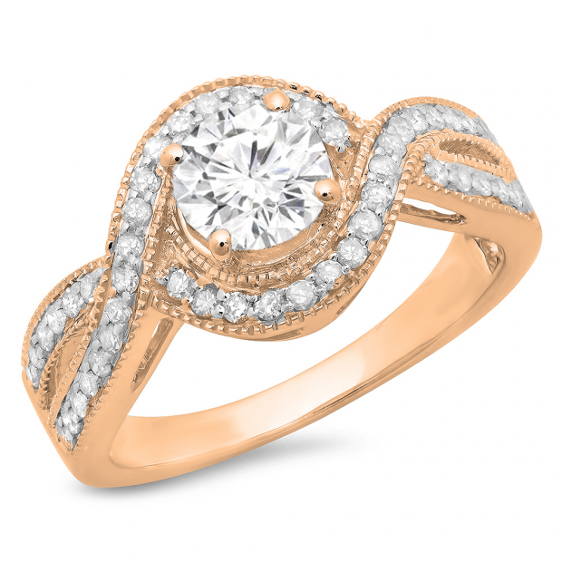 1.15 Carat (ctw) 14K Rose Gold Round Cut Diamond Ladies Twisted Swirl Split Shank Bridal Halo Engagement Ring