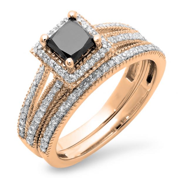 1.35 Carat (ctw) 14K Rose Gold Princess Cut Black & Round White Diamond Ladies Split Shank Halo Style Bridal Engagement Ring With Matching Band Set