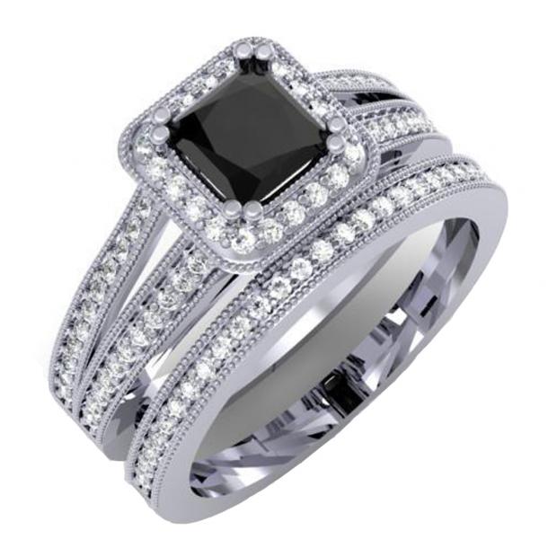 1.35 Carat (ctw) 14K White Gold Princess Cut Black Cubic Zirconia & Round White Diamond Ladies Split Shank Halo Style Bridal Engagement Ring With Matching Band Set