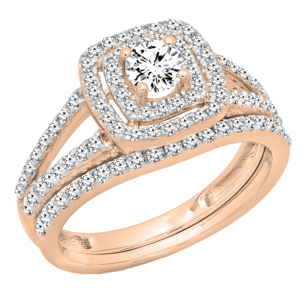 1.00 Carat (ctw) 10K Rose Gold Round Cut Diamond Ladies Bridal Split Shank Halo Engagement Ring With Matching Band Set 1 CT