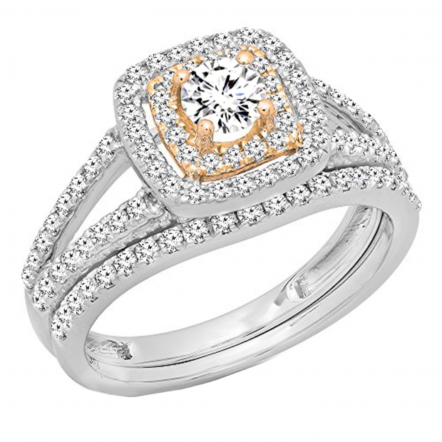 1.00 Carat (ctw) Two Tone Rose Gold Plated 14K White Gold Round Cut Diamond Ladies Bridal Split Shank Halo Engagement Ring With Matching Band Set 1 CT
