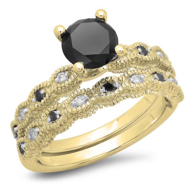 1.40 Carat (ctw) 10K Yellow Gold Round Cut Black & White Diamond Ladies Bridal Vintage Engagement Ring With Matching Band Set