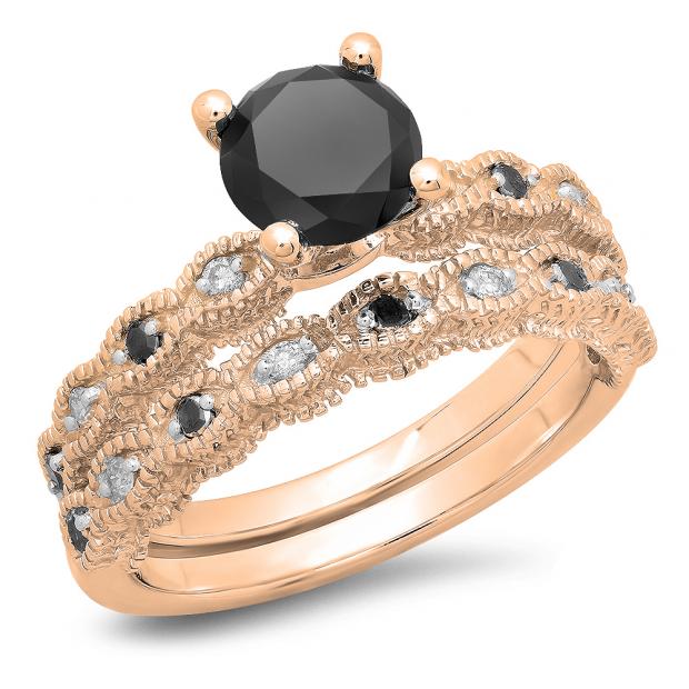 1.40 Carat (ctw) 14K Rose Gold Round Cut Black & White Diamond Ladies Bridal Vintage Engagement Ring With Matching Band Set