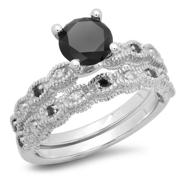 1.40 Carat (ctw) 14K White Gold Round Cut Black & White Diamond Ladies Bridal Vintage Engagement Ring With Matching Band Set