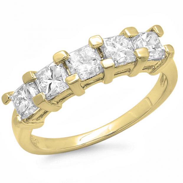 1.50 Carat (ctw) 14K Yellow Gold Princess Cut Diamond Ladies 5 Stone Bridal Wedding Anniversary Band 1 1/2 CT