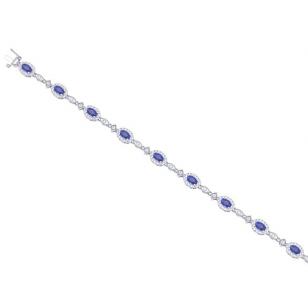 4.00 Carat (ctw) Sterling Silver Real Oval Cut Blue Sapphire & Round Cut White Diamond Ladies Link Bracelet