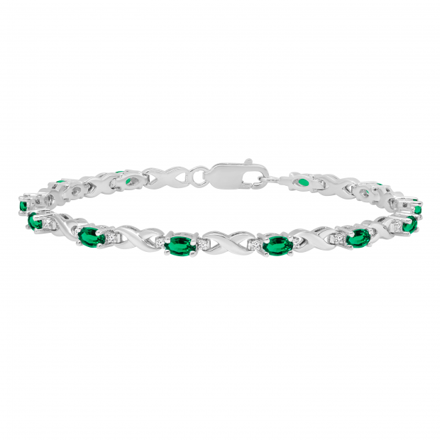 3.37 Carat (ctw) Sterling Silver Real Oval Cut Green Emerald & Round Cut White Diamond Ladies Infinity Link Bracelet